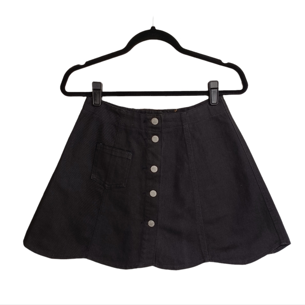VTG BAXIS Silver Button Front Scallop Hem A Line Circle Black Denim Skirt 11